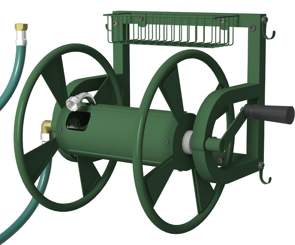 Artigarden wall-mounted hose reel keeps a 125 ft hose neatly organized for easy watering.
