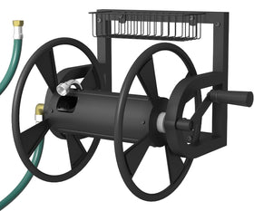 Artigarden wall-mounted hose reel with center brass connection for easy water access.