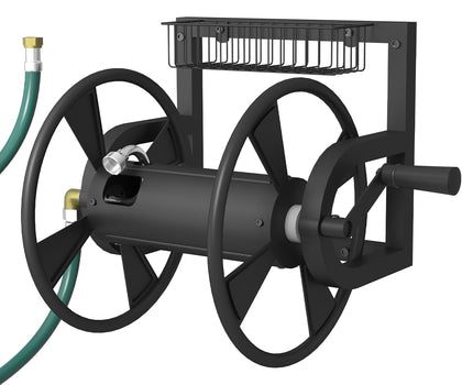 Artigarden wall-mounted hose reel with center brass connection for easy water access.
