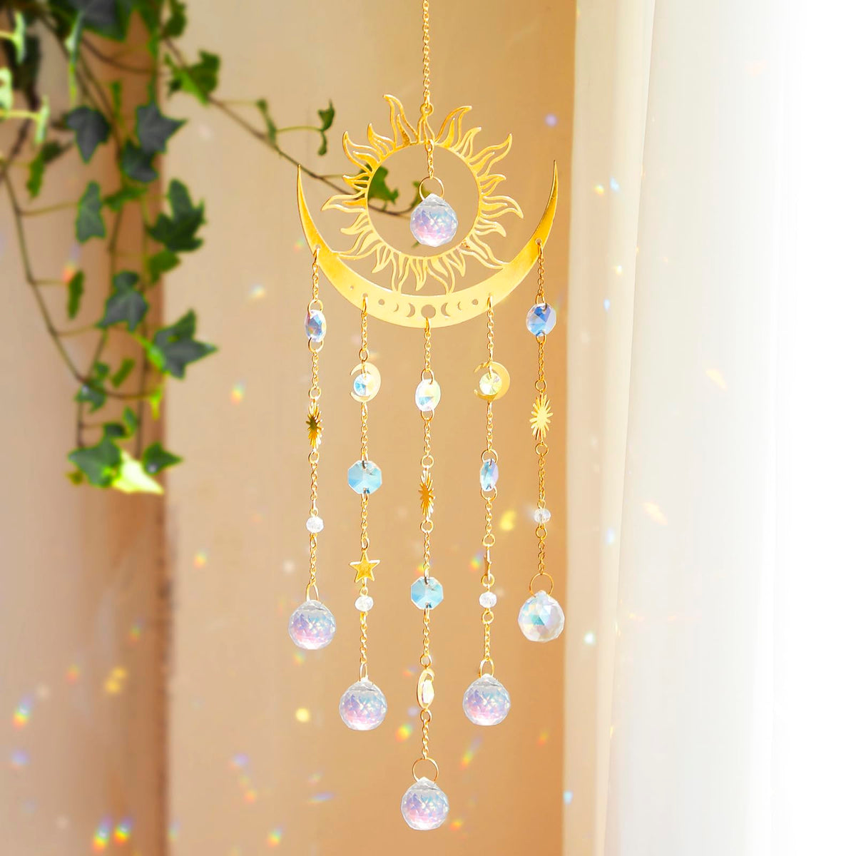 Artilady crystal wind chimes suncatcher reflecting colors in sunlight on patio