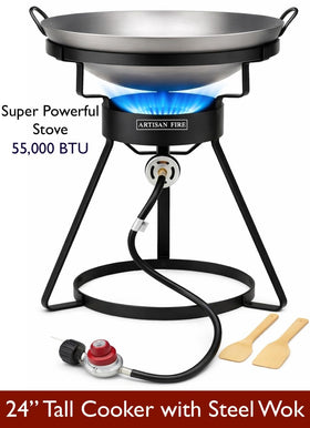 Artisan Fire 24-inch cast-iron stove with windguard enhances breezy outdoor cooking