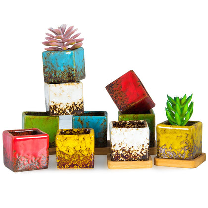 ARTKETTY 10-pack ceramic succulent pots with drainage trays for clean indoor planting