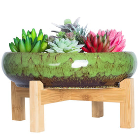 ARTKETTY succulent pot with wood stand for elegant indoor display and desk decor
