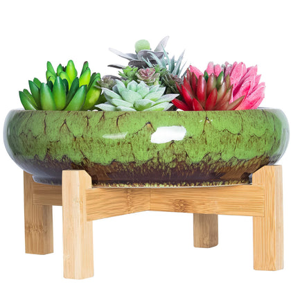 ARTKETTY succulent pot with wood stand for elegant indoor display and desk decor