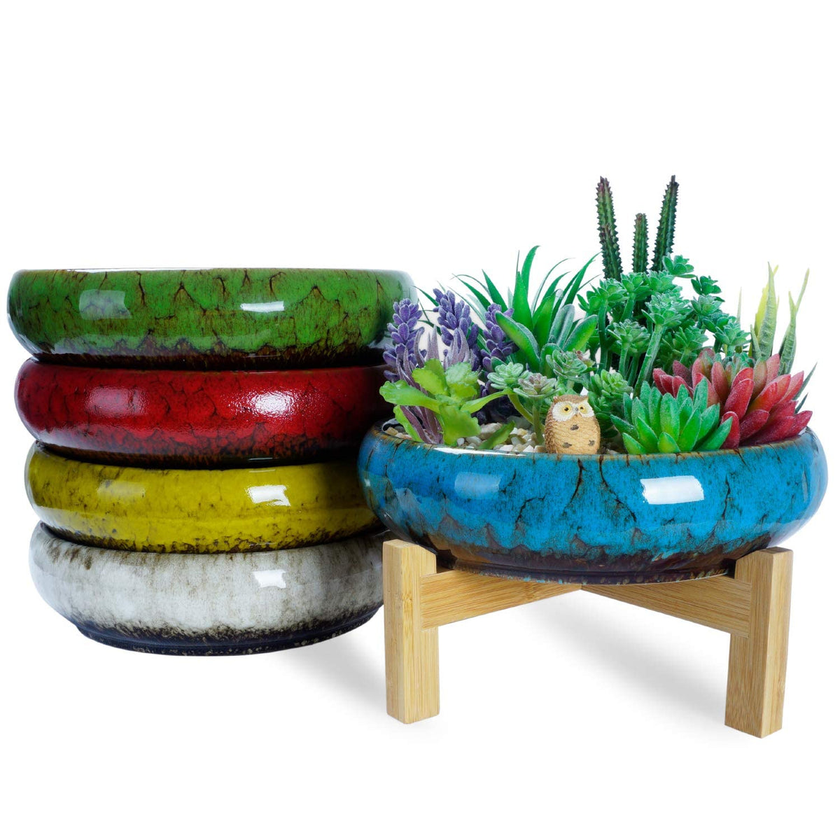 ARTKETTY wood stand complements large ceramic planter beautifully.