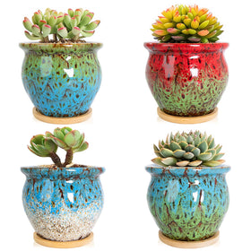 ARTKETTY succulent pots 4-pack front view showcasing vibrant glaze for desk decor.