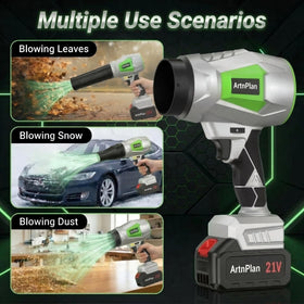 ArtnPlan leaf blower in action on patio shows light weight and control.
