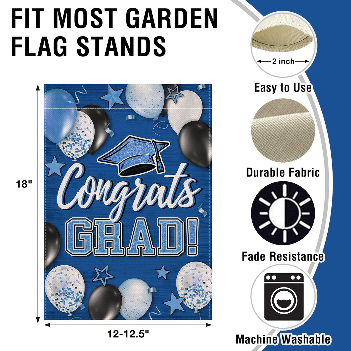 Artofy double-sided graduation flag with cap and balloons, readable from both sides.