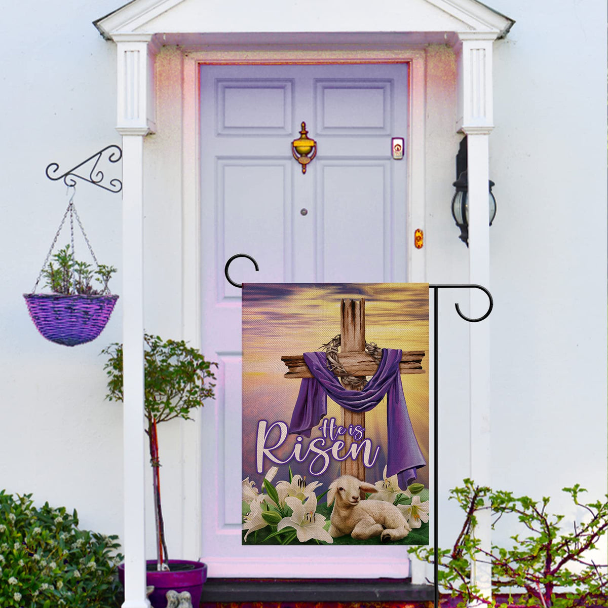 Artofy outdoor faith flag displayed on porch and yard