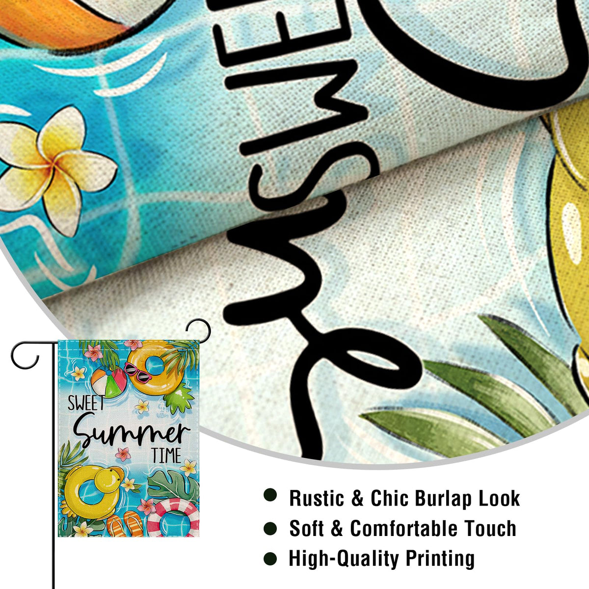 Artofy pool ring and ball motif flag for sunlit garden display.