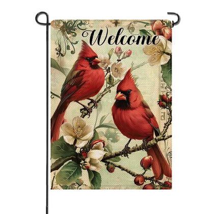 Artofy Welcome Cardinal flag front view shows vivid cardinal and magnolia motif for bright yard decor
