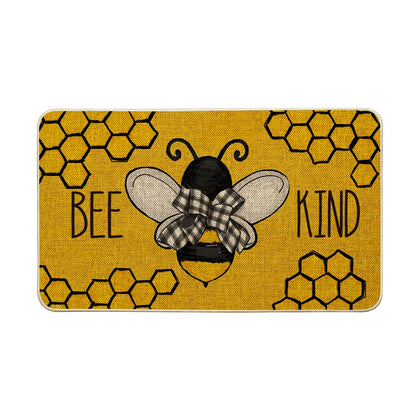 Artoid Mode Bee Kind Bow Tie Yellow Spring Doormat 17x29 keeps dirt out with non-slip backing.