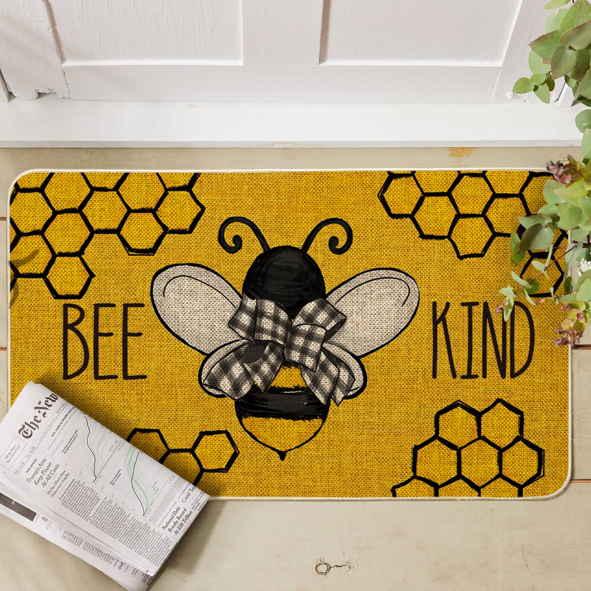 Artoid Mode Bee Kind Door Mat Yellow Summer Porch adds seasonal charm and easy clean-up.