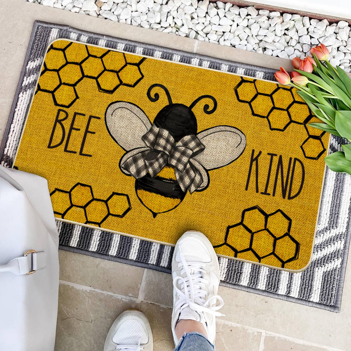 Artoid Mode Bee Kind Indoor Outdoor Doormat Yellow enhances entryway style while resisting wear.