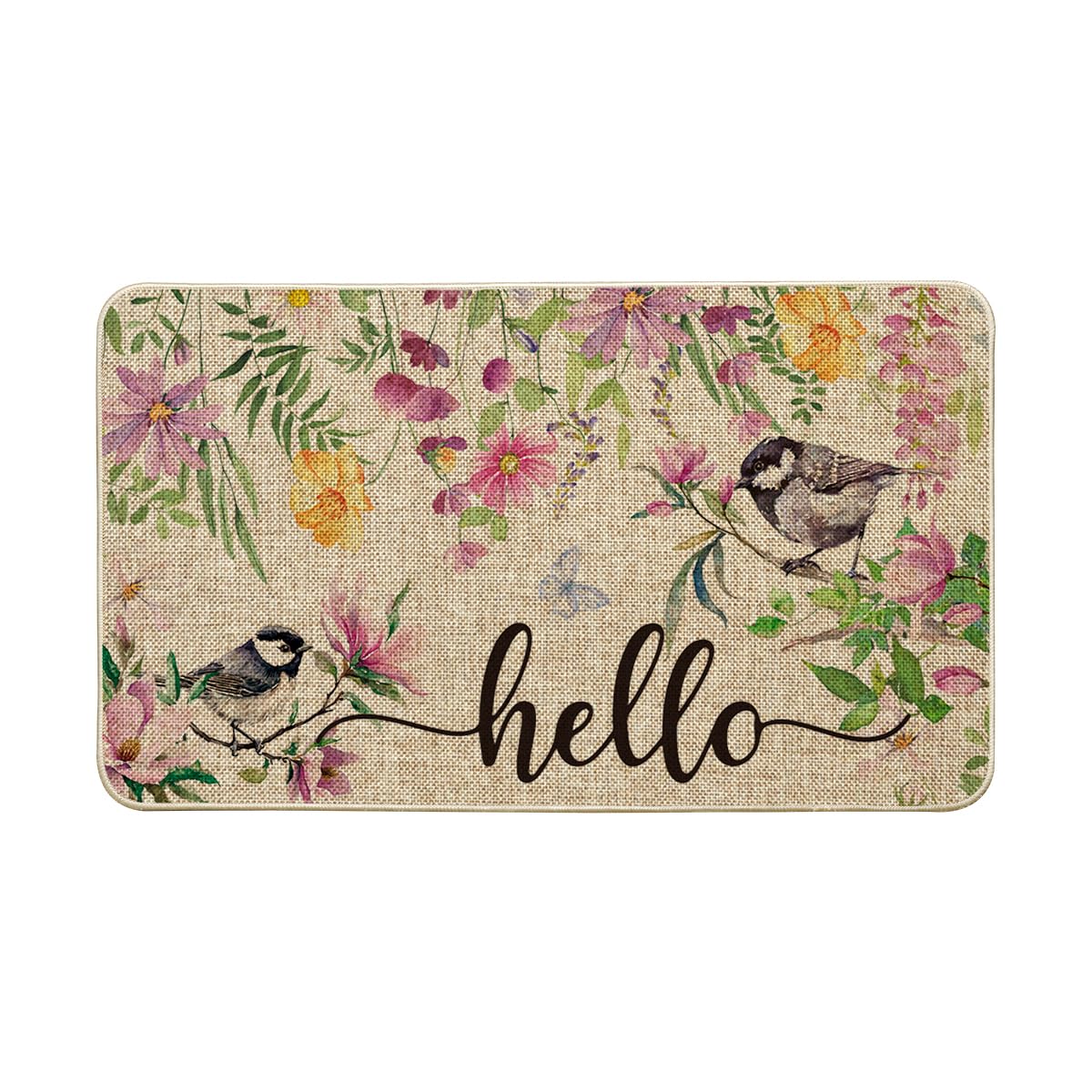 Artoid Mode Bird Flowers Hello Spring doormat greeting guests with seasonal charm at the entryway.