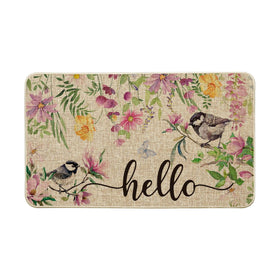 Artoid Mode Bird Flowers Hello Spring doormat greeting guests with seasonal charm at the entryway.