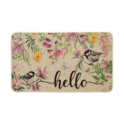 Artoid Mode Bird Flowers Hello Spring doormat greeting guests with seasonal charm at the entryway.