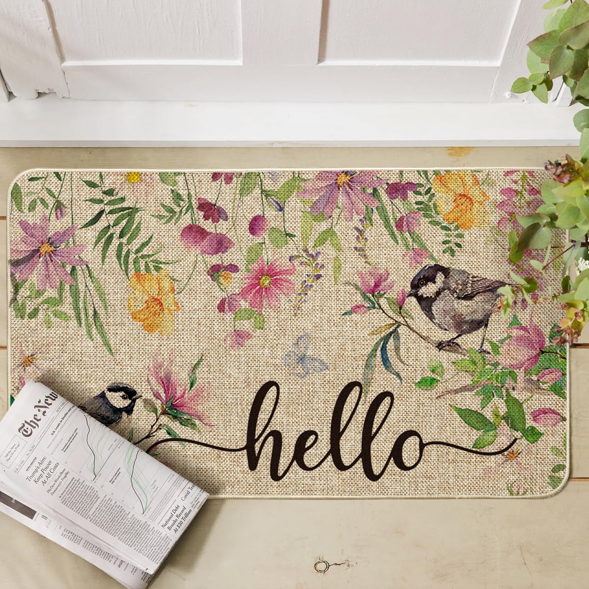 Artoid Mode doormat featuring birds and flowers adds bright spring curb appeal.