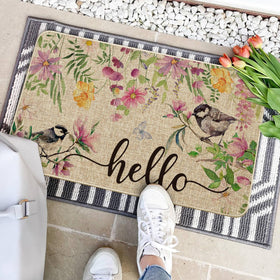 Seasonal Hello Spring motif enhances indoor and outdoor entryways with cheerful design.