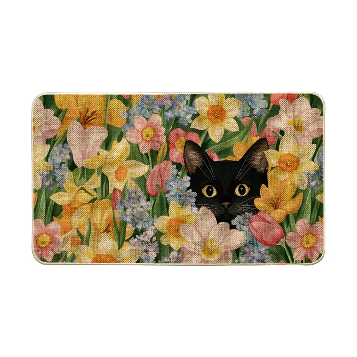 Artoid Mode black cat floral doormat offers spring charm for entryways and pets.