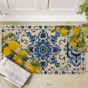 Artoid Mode Blue Floral Lemons doormat on porch scene for versatile entry use