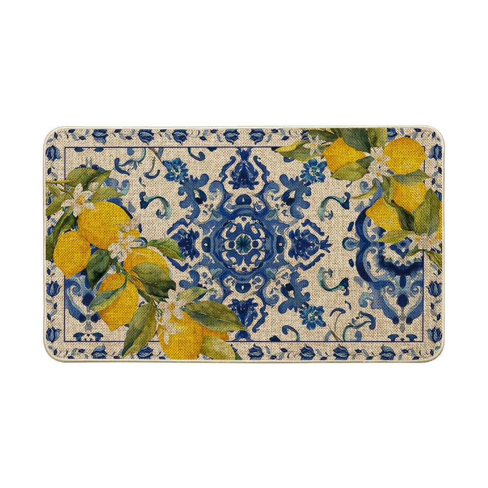 Artoid Mode Blue Floral Lemons doormat front view welcomes guests with spring style
