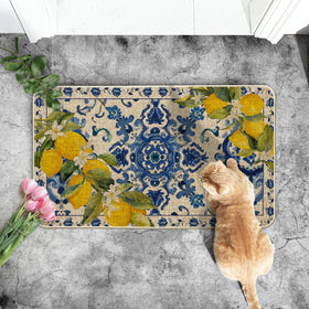 Artoid Mode Blue Floral Lemons doormat low-profile edge for door clearance