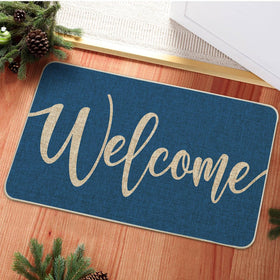 Artoid Mode Blue Welcome Winter Doormat on porch showing low-profile 0.25 inch design.