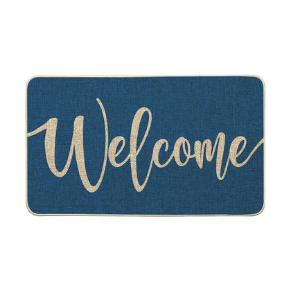 Artoid Mode Blue Welcome Winter Doormat front door with non-slip backing to trap dirt.