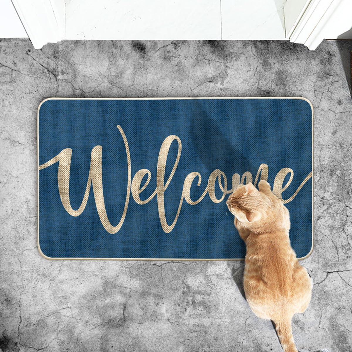 Artoid Mode Blue Welcome Winter Doormat suitable for indoor-outdoor use at entryways.