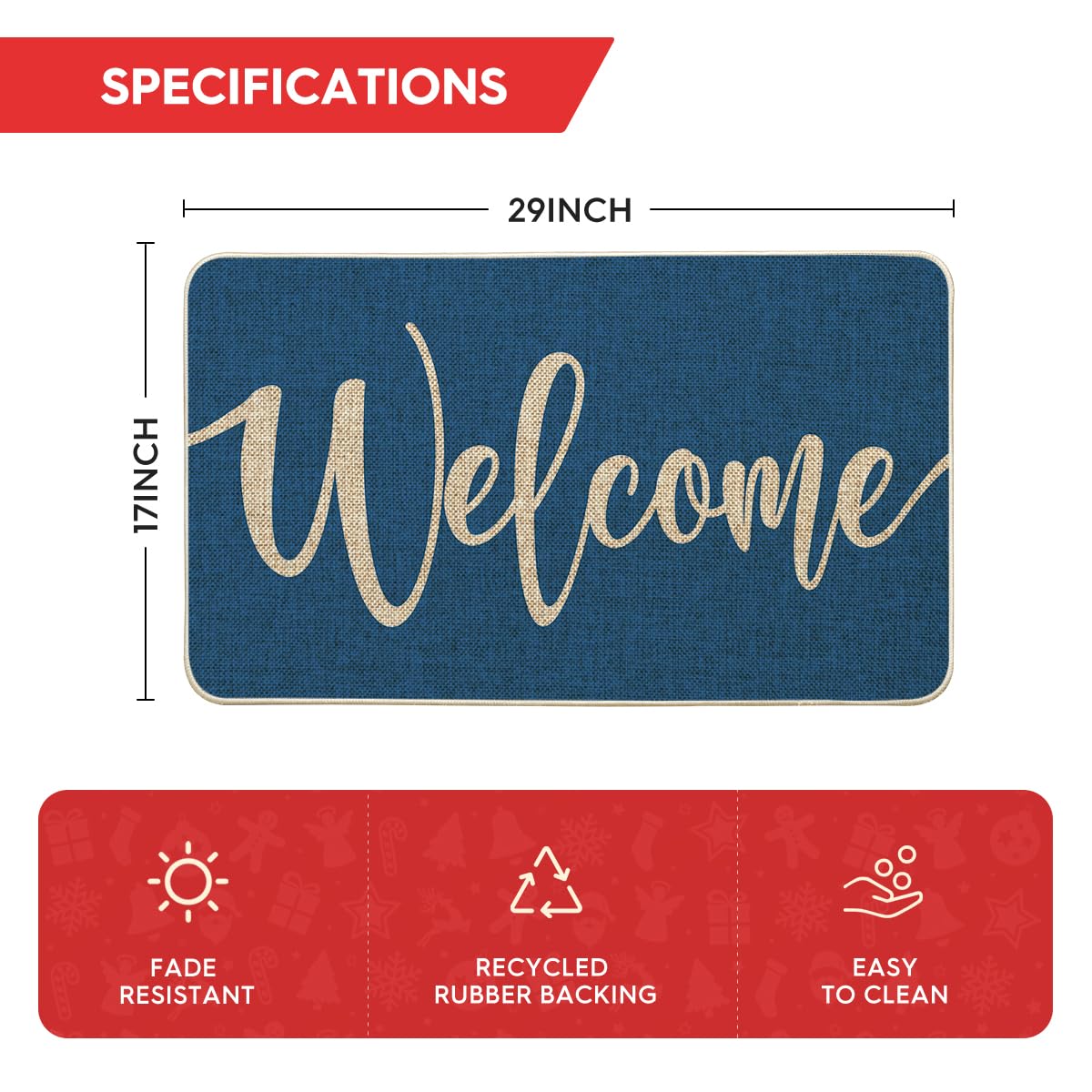 Artoid Mode Blue Welcome Winter Doormat demonstrating easy-clean features for quick upkeep.