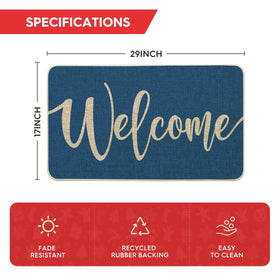Artoid Mode Blue Welcome Winter Doormat demonstrating easy-clean features for quick upkeep.