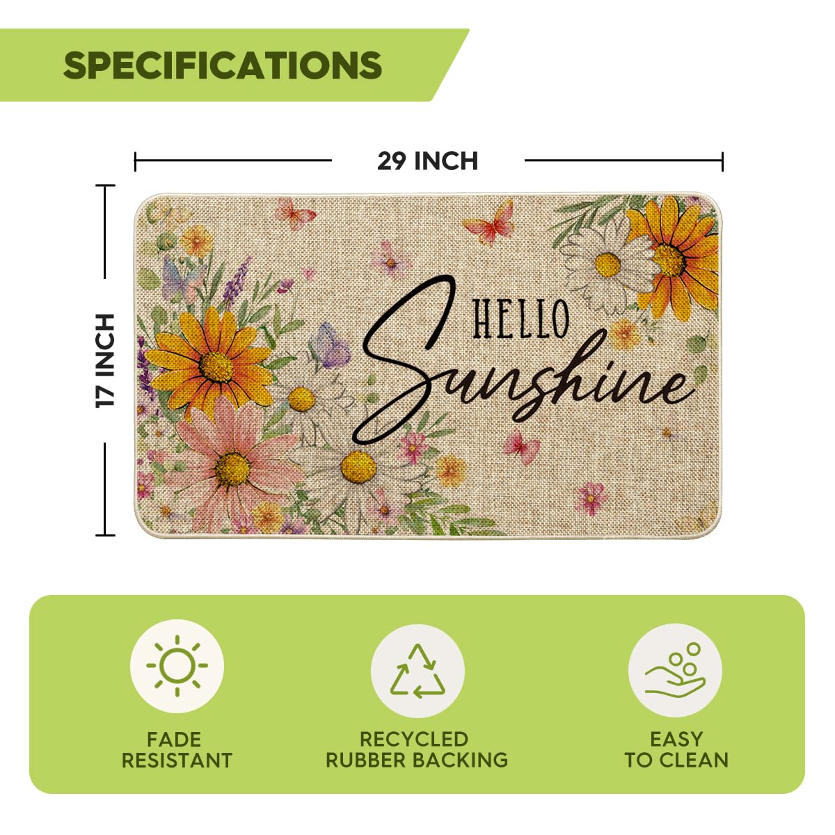 Artoid Mode butterfly daisy doormat cleans quickly with hose or mild detergent.