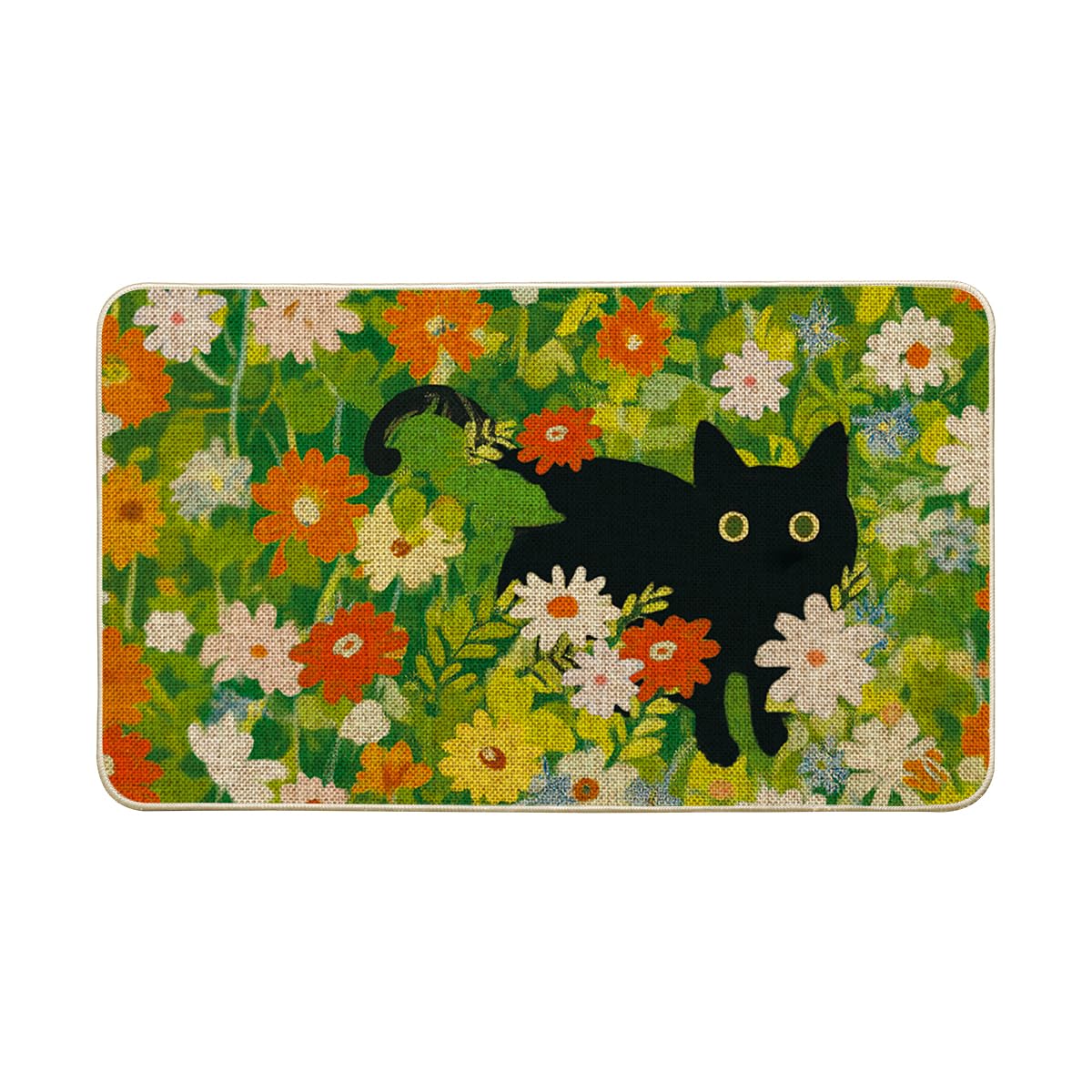 Artoid Mode Flowers Floral Black Cat doormat, front view, welcoming guests with seasonal charm.