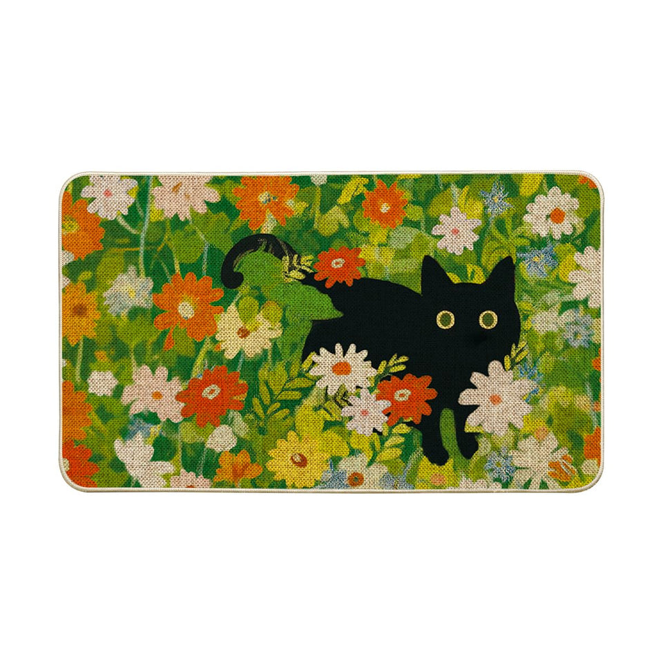 Artoid Mode Flowers Floral Black Cat doormat, front view, welcoming guests with seasonal charm.