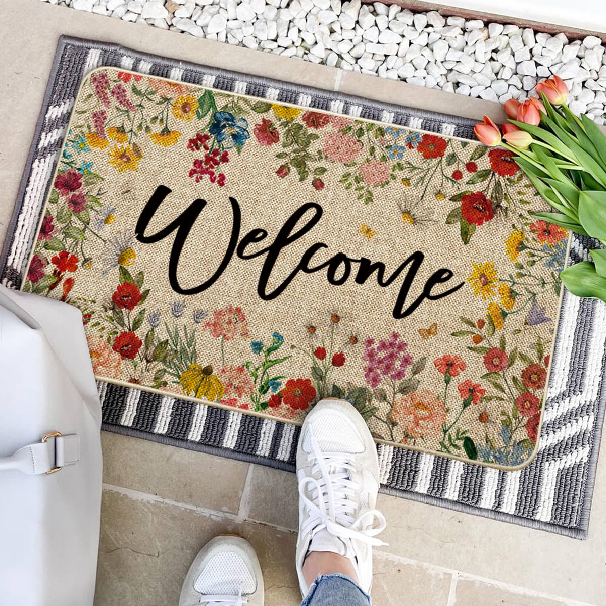 Flowers Lavender Daisy doormat from Artoid Mode resists stains and wipes clean after outdoor use.