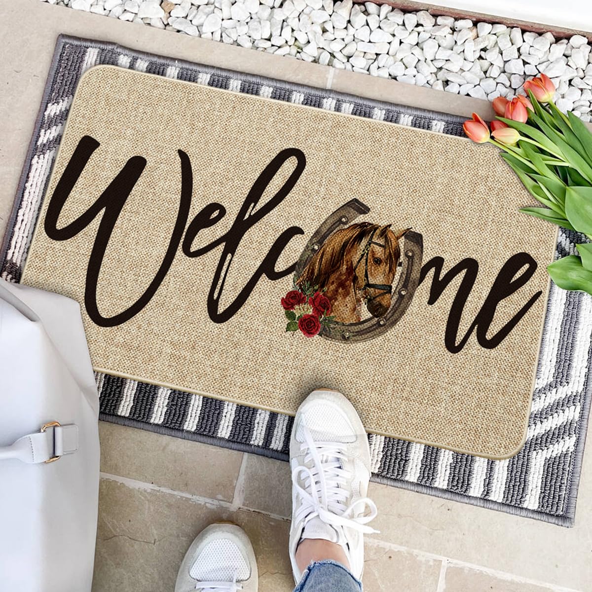 Artoid Mode horseshoe pattern door mat suits outdoor entryways with decorative flair.