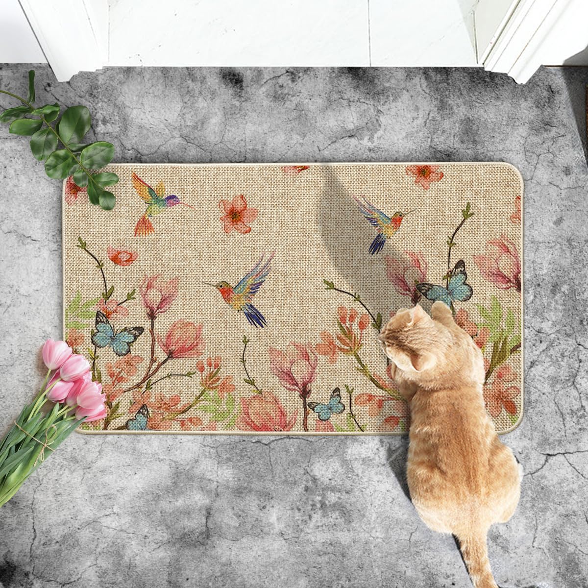 Artoid Mode doormat closeup pattern highlighting hummingbird and flowers
