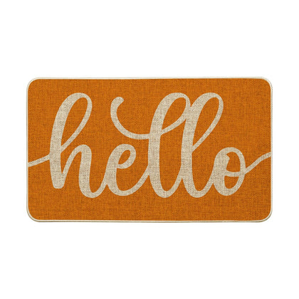 Artoid Mode Orange Hello Fall doormat with autumn hues welcomes guests and traps dirt outside.