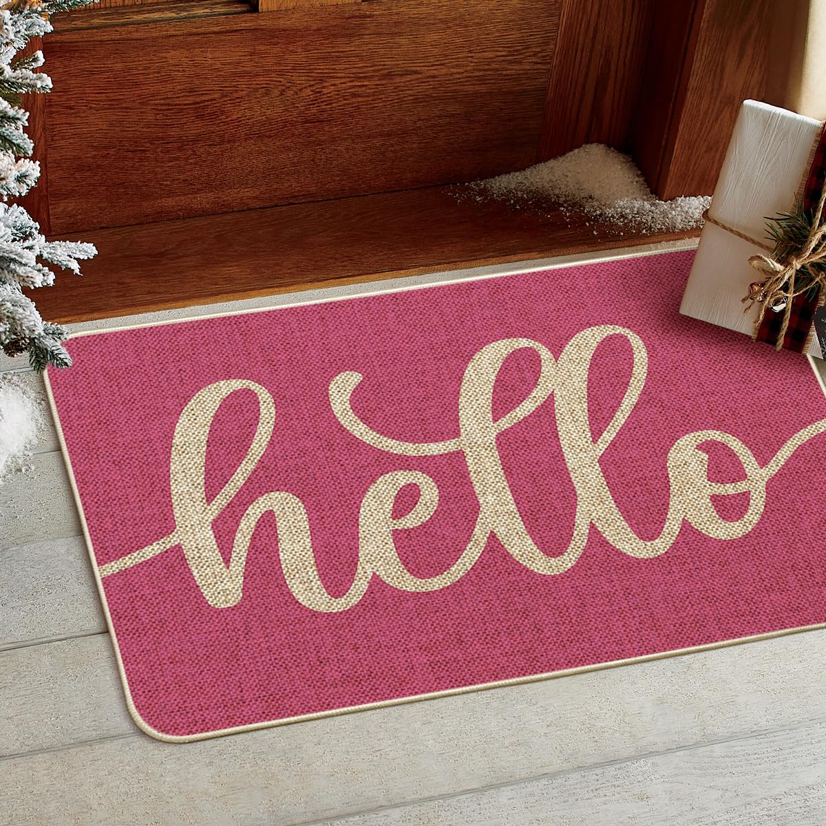 Artoid Mode pink hello spring doormat close-up shows stylish pattern and durable materials