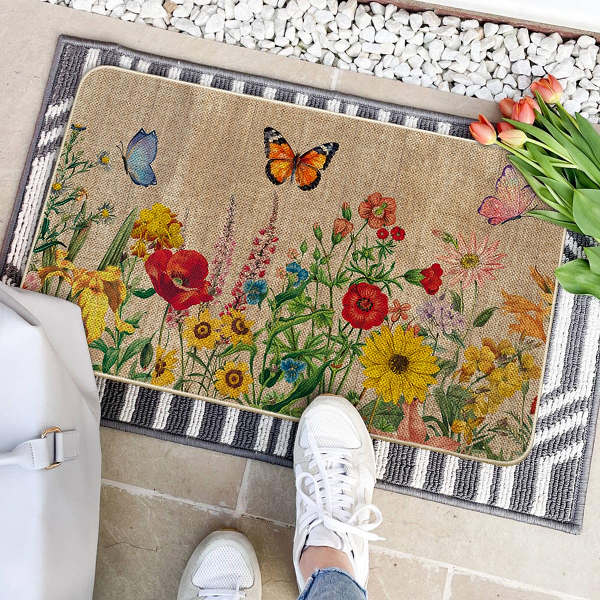Artoid Mode porch doormat placed on steps for versatile indoor-outdoor use.