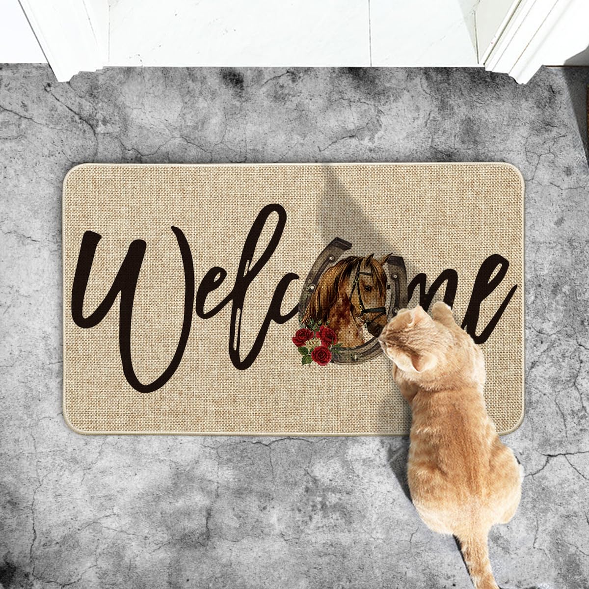 Artoid Mode doormat close-up reveals vibrant roses and derby motif.