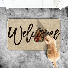 Artoid Mode doormat close-up reveals vibrant roses and derby motif.