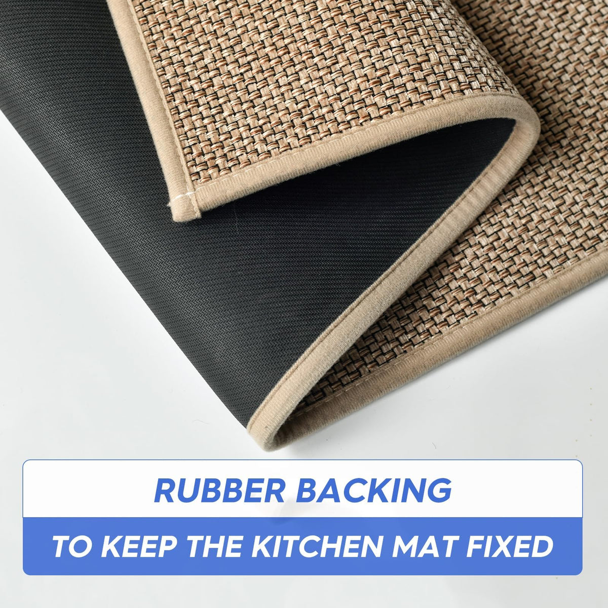 Artoid Mode rubber-backed rug stays in place on flat kitchen floors.