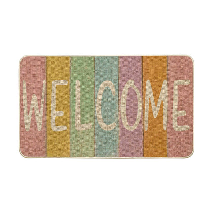 Artoid Mode Stripes Welcome Easter Doormat greets guests at indoor or outdoor entry with seasonal flair.
