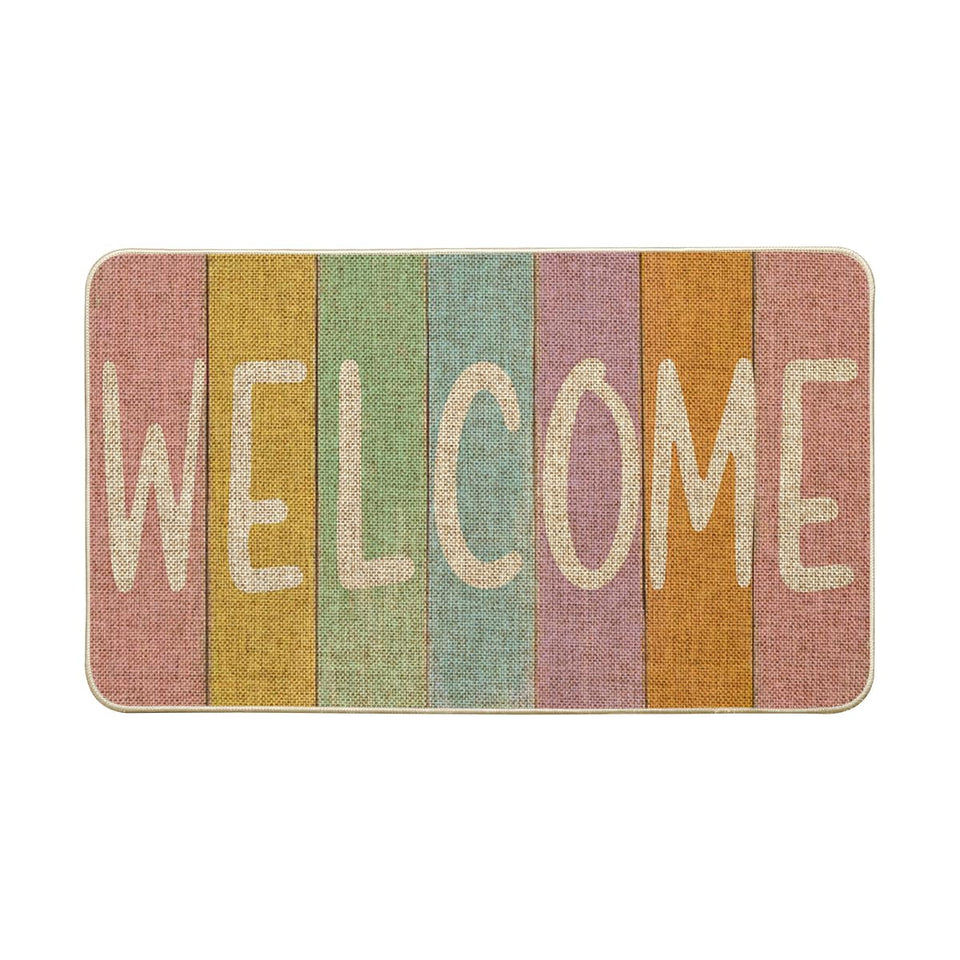 Artoid Mode Stripes Welcome Easter Doormat greets guests at indoor or outdoor entry with seasonal flair.