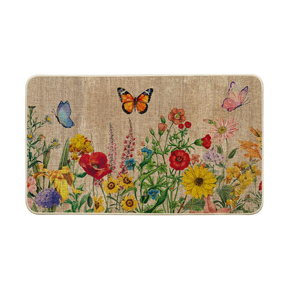 Artoid Mode wood flowers butterfly spring doormat with floral motif welcomes guests at the front door.
