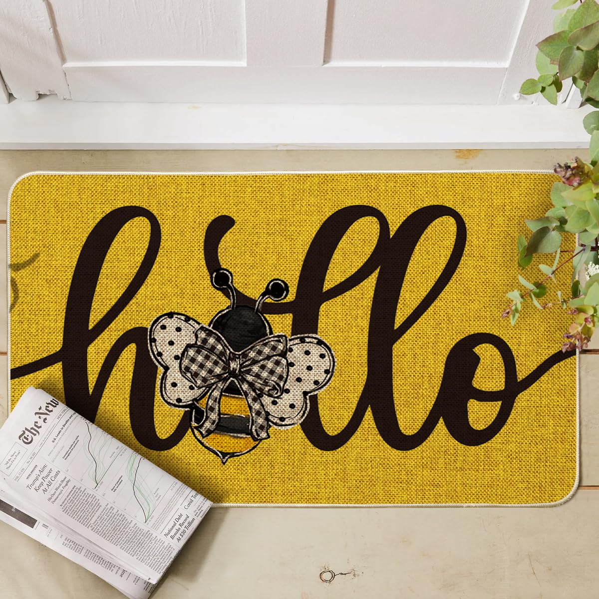 Artoid Mode Hello Bee mat in doorway scene for welcoming decor