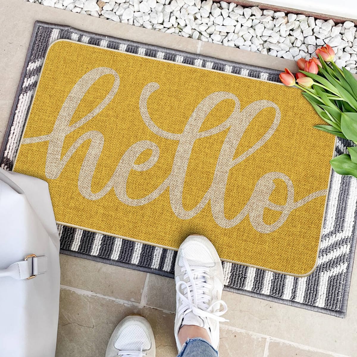 Artoid Mode Yellow Hello Spring doormat outdoors use demonstrates non-slip backing for porch safety