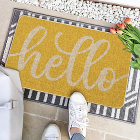 Artoid Mode Yellow Hello Spring doormat outdoors use demonstrates non-slip backing for porch safety